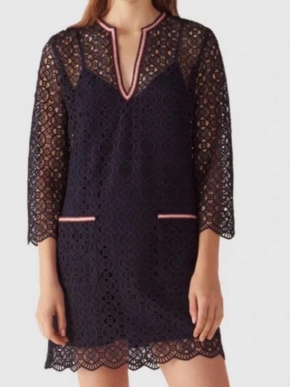 SANDRO lace mini dress bathing suit cover guipure lace v-neck navy blue sz small